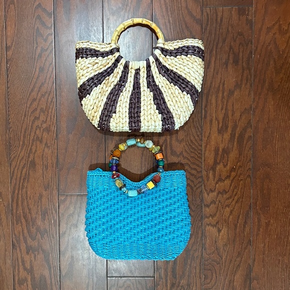 Lot of 2 straw woven bags summer beach aqua tan Capelli Austin Clothing Co. - Picture 4 of 6
